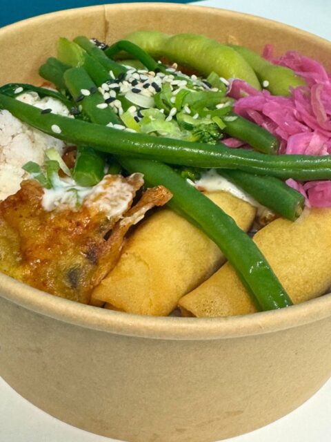 Seoul Born Born Identity Rice Bowl with Spring Rolls, Beans, Red Cabbage and Edamame beans