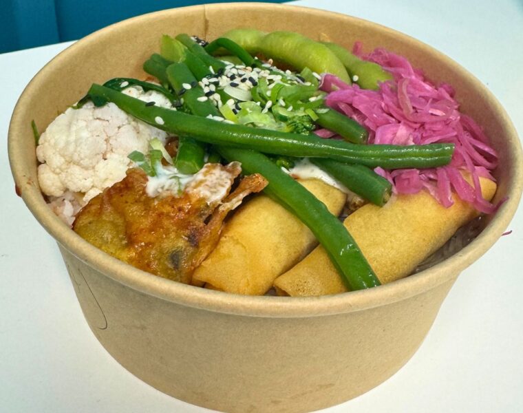 Seoul Born Born Identity Rice Bowl with Spring Rolls, Beans, Red Cabbage and Edamame beans