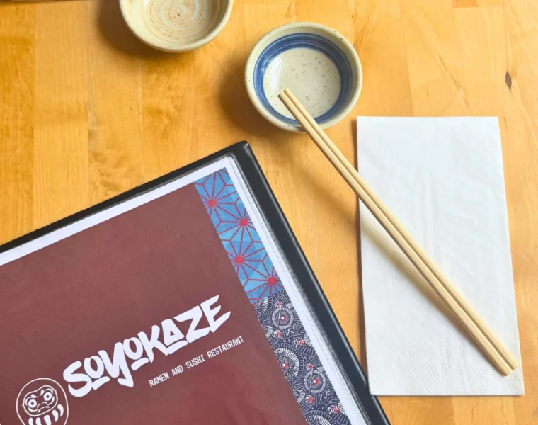 Soyokaze menu on a table with some chopsticks