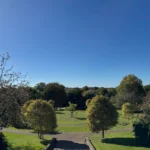 View over Wensum Park with trees and a blue sky